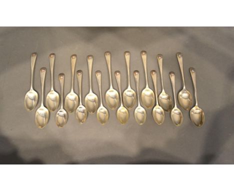 A Set of Eighteen Sheffield Silver Teaspoons, each Enamel Decorated with a Flag, 8 ozs. 
