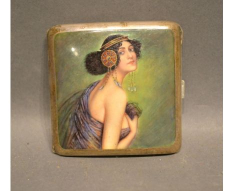 An Early 20th Century 935 Silver and Enamel Decorated Cigarette Case of slightly curved form, the front enamel decorated with