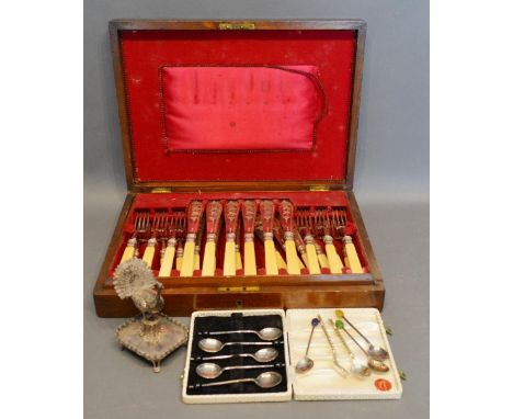 A Cased Set of Twelve Bone Handled Fish Knives and Forks within Fitted Case together with a Cased Set of Plated Spoons and a 