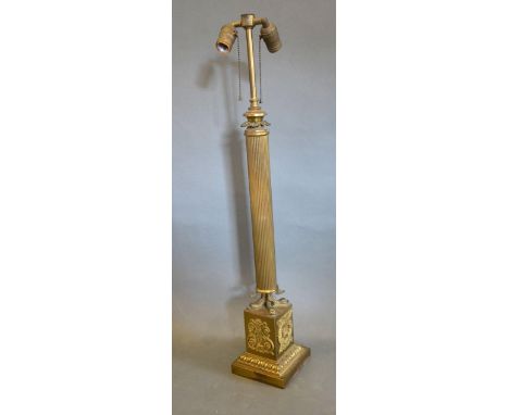 A Brass Empire Style Table Lamp of Corinthian Form with Square Stepped Base, 84 cms tall 
