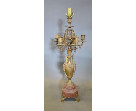 A Late 19th Century French Brass Table Lamp in the form of a Candelabrum, 75 cms tall 