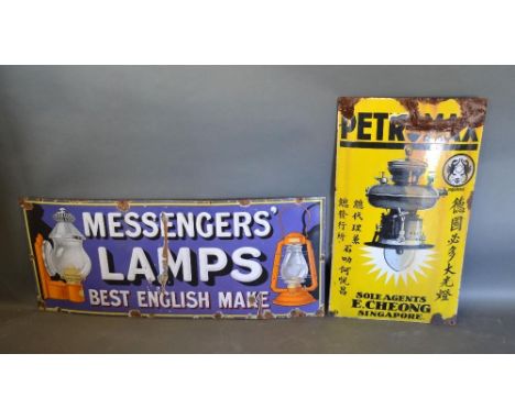 An Early 20th Century Enamel Advertising Sign 'Messengers Lamps' together with another similar 'Petromax Singapore' 46 x 109 