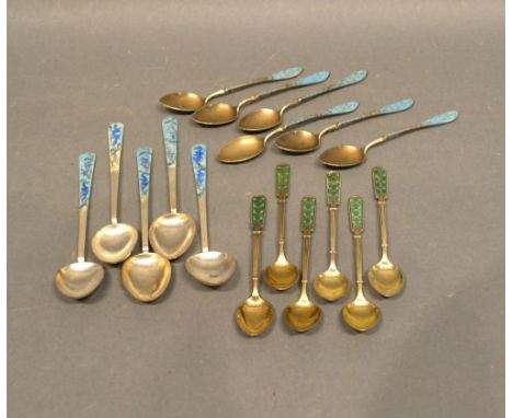 A Set of Six Norwegian Silver and Enamel Decorated Coffee Spoons by David Andersen, together with a collection of similar Ena