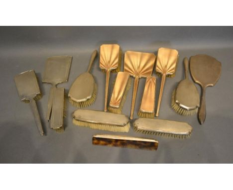 A Birmingham Silver and Enamel Decorated Five Piece Dressing Table Set together with a collection of other Silver Backed Hand