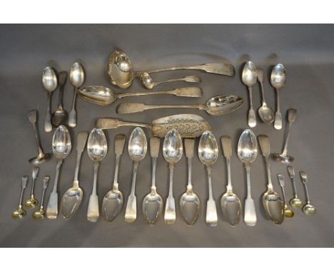 A George IV Scottish Silver Canteen of Flat Ware comprising Large Ladle, a pair of Basting Spoons, a Fish Slice, twelve Table