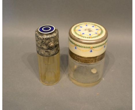 A French White Metal and Enamel Decorated Scent Bottle, together with another similar 