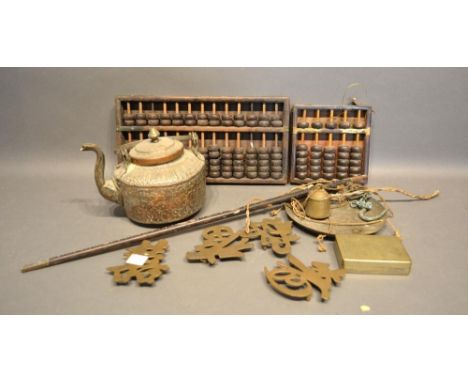 Two Chinese Hardwood Abacus together with a Persian Teapot, a Chinese Brass Covered Box, four brass Chinese Script and a weig