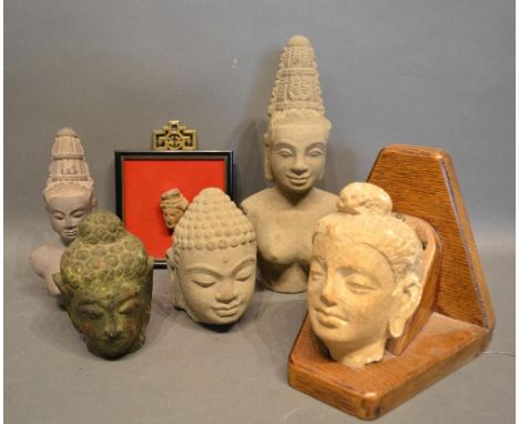 A Patinated Metal Eastern Bust together with four other similar busts and a small plaque 