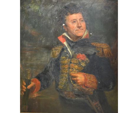 Late 19th Early 20th Century Oil on Canvas, Portrait of a French Naval Commander in Uniform holding Telescope and Sword, 90 x