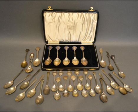A Set of Five Birmingham Silver and Enamel Decorated Spoons within Fitted Case, Golf Related, together with a large collectio