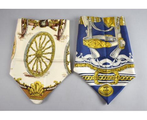 Two Hermes silk scarves one, in the Bride de Cour (bridle)  design and another untitled, signed by, Caty featuring fancy carr