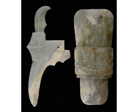 Chinese green and mottled jade axe head with Tao Tieh decoration, 19cm long, and a similarly decorated green and mottled jade