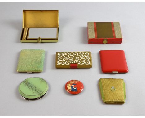 Art Deco powder compacts and carryalls in shagreen, silver and  gilt metal and enamel finishes in shades of green and red, th