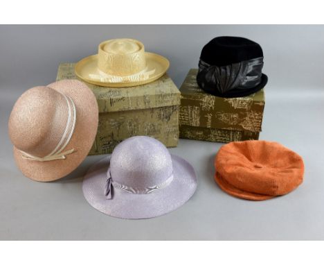 Two Vintage Harrods hat boxes with 5 hats, a collection of vintage handbags, evening bags and purses, including items by Acke