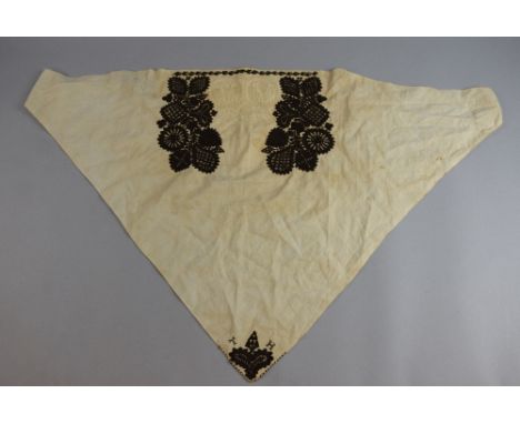 Group of European embroidered items including a  head scarf from Brittany with 'blackwork'  and self coloured embroidery,  a 
