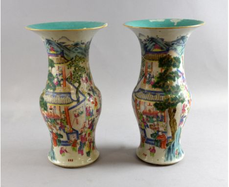Pair of late 19th century Cantonese famille rose vases decorated with a scene of a festival, 40.5cm high,.  Top half of one h