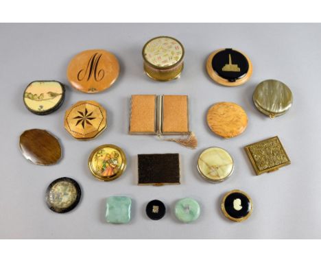 A collection of powder compacts, mini compacts and a keepall, (one compact with musical movement) in a variety of materials, 