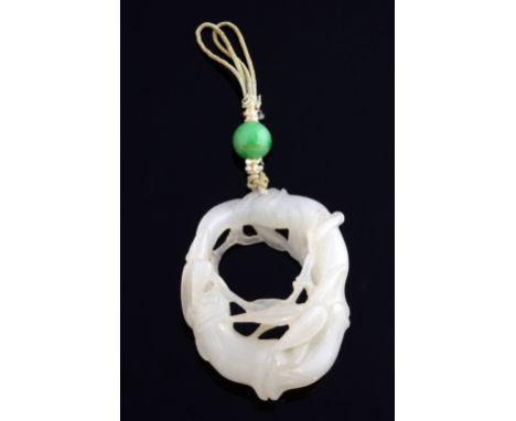 Chinese carved and pierced white jade ring in the form of bamboo, 4.5cm,.  A few frits and light wear and tear.PROVENANCE: Fr