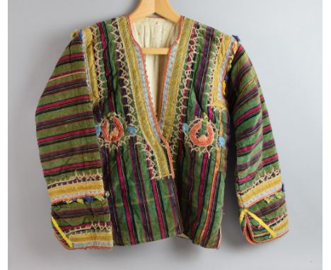  Antique Turkish cotton velvet man's jacket and similar silk and cotton waistcoat with embroidered details (chest 108 cm, 58 