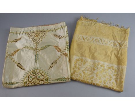  Indian Benares work gold coloured Sari end with floral embroidered decoration 160cm x 102cm, and an embroidered cushion cove