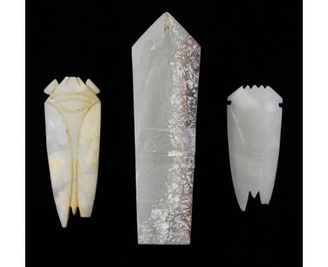 Chinese grey and purple mottled jade box and cover carved with a cicada, 11.5cm long, and two white jade cicadas, (3),.  