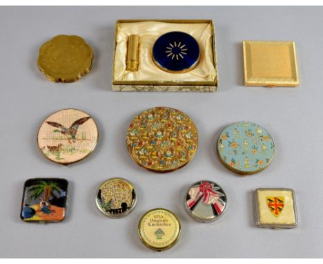 English powder compacts by Gwenda, Coalport, Stratnoid, Gilot and Boots, mainly gilt metal and enamel finishes, two depicting