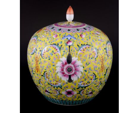 Chinese yellow ground ovoid vase and cover decorated with bats, shou characters and scrolling flowers and foliage, 25cm high,