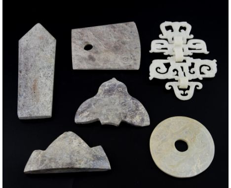 Four pieces of Liangzhu style carved jade with decoration in low relief, a jade bi-disc and a white jade pierced hanging, (6)