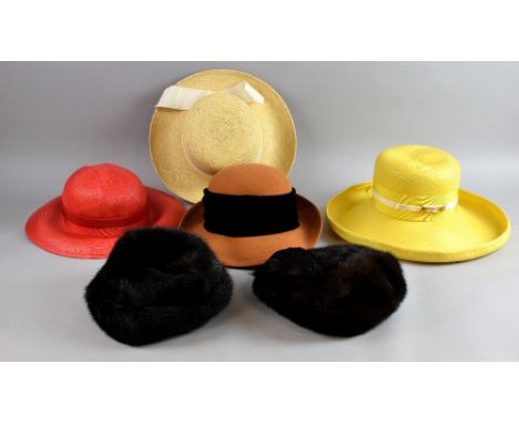 Christian Dior vintage red straw hat, together with 5 others (three from Harrods) in mink, straw and felt.  
