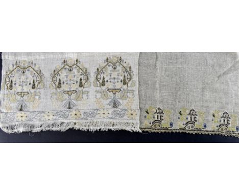 Ottoman towel  both ends with deep border repeat design depicting, pergola and urn with flowering plants, 44 x 114 cm and a s