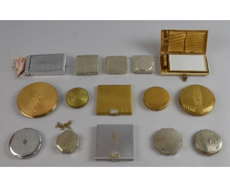 Art Deco powder compacts and miniature compacts, mainly in gilt and chrome engine turned finishes in typical Deco patterns to