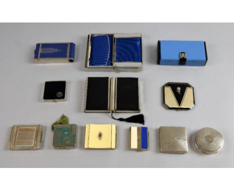 Art Deco powder and miniature powder compacts in enamel, chrome and engine turned finishes, three with marcasite embellishmen