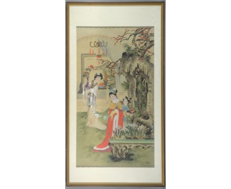 Chinese scroll painting depicting three ladies in a garden, one with a rui sceptre, another with a vase, the other with peach