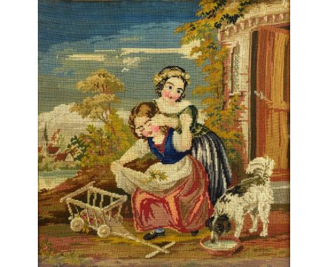  19th C Berlin woolwork of young children and a dog,  framed and glazed, 46 x 43 cm .  Embroidery good, tapestry has moved in