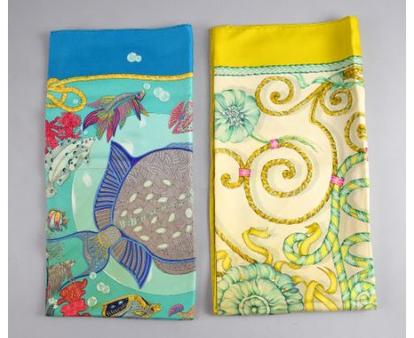 Two Hermes silk scarves comprising Grands Fonds depicting an underwater scene and Jouvence with corded motifs approximately 9