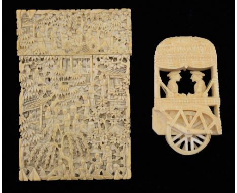 19th century Chinese intricately carved ivory card case, depicting figures in a courtyard with willow trees, 11.5cm x 7cm, an