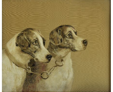  Japanese silk embroidery of two hunting hounds, the reverse with label, ( Koshi Ishi Robe ) in a tropical wood frame  39cm x