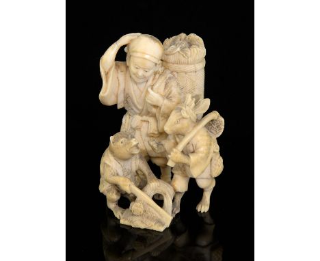 Early 20th century Japanese ivory okimono depicting a scene from a folk tale, carved as a man with a basket on his back, a ha