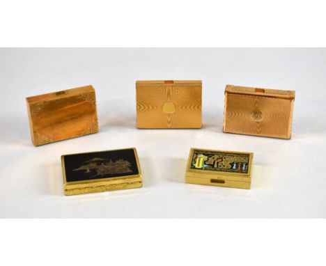 Musical powder compacts, two by Clover with enamel and damascene enamel lids, together with 3 others by Agme in engine turned
