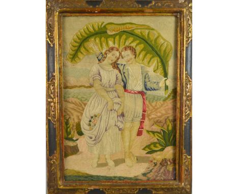 19th century wool and silkwork picture of a young couple in a tropical seascape, the man carrying a large palm or banana leaf