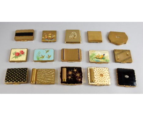 Stratton compacts, mainly in rectangular form, in gilt, enamel, marcasite and rhinestone finishes and depicting birds, flower
