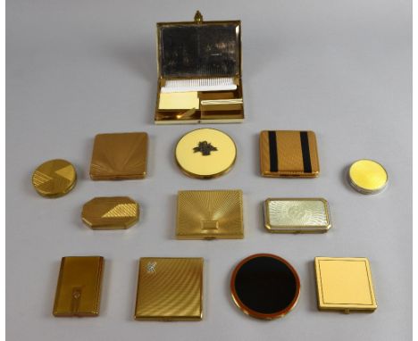 A collection of Art Deco and deco style powder compacts in gilt, enamel, engine turning, marcasite embellished and guilloche 