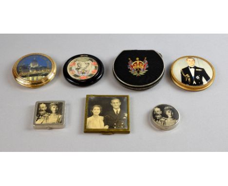 Royal commemorative powder compacts with photographs of King George and Queen Mary, the Queen and Prince Phillip,  an embroid