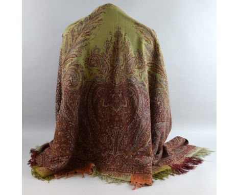  A large Indian19th century Kashmir shawl in, paisley pattern sage green, rust,  aqua and blue, 176 x178 cm.  Good clean cond
