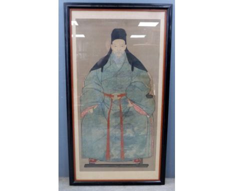Chinese scroll painting depicting an elderly bearded man in a long robe, 160cm x 82cm,.  