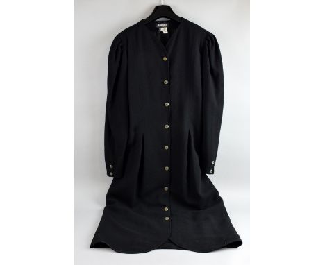 Jean Muir for Harrods black wool crepe button front  mid length dress with slightly puffed sleeves, marked size 14. .  