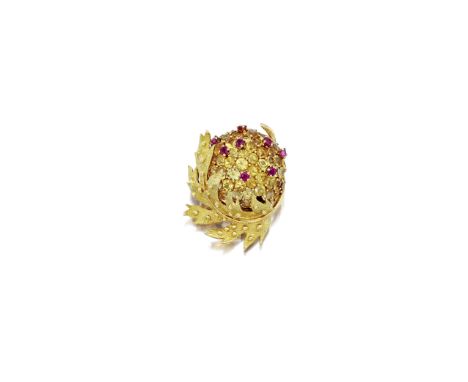 An 18k gold, sapphire and ruby pin, Jean Schlumberger for Tiffany &amp; Co., Francedesigned as a chestnut, the brooch created