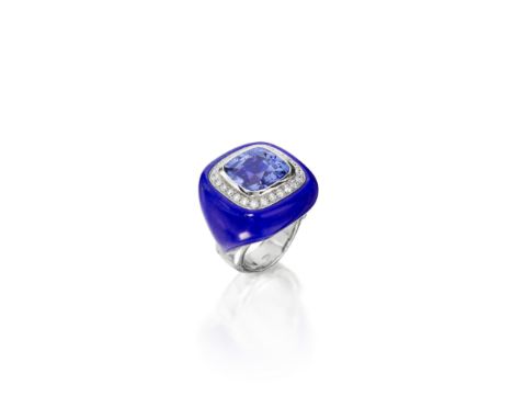 A sapphire, lapis lazuli and diamond ringbezel-set with a backed cushion-cut sapphire within a round brilliant-cut diamond su