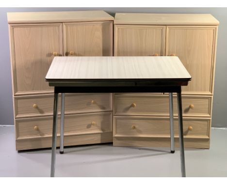 TALLBOYS (2) - modern light wood, limed oak effect 103cms H, 76.5cms W, 43cms D and a formica top and chrome kitchen table, 7