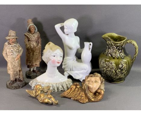 CHINA - Goebel all white figurine of a lady with a jug, 30cms H, Wood relief jug 'Willie Brewed A Peck o'Malt', 23cms H, Cont